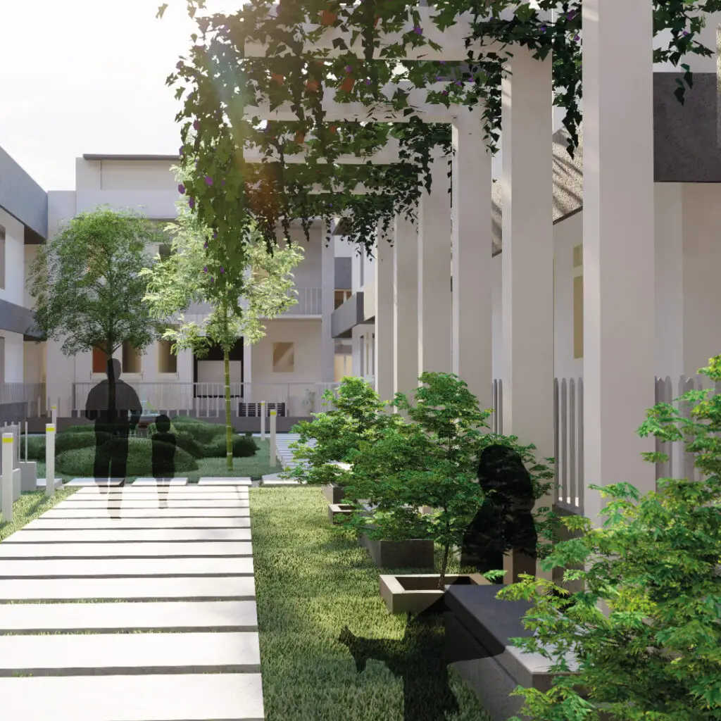 Tree-lined walkway at Oxyville